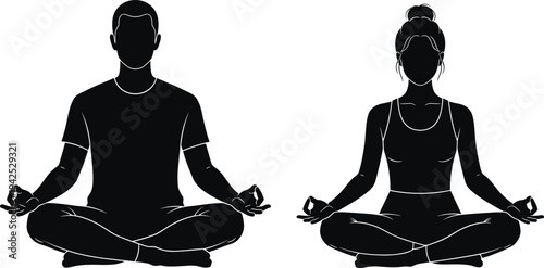 Set of man and woman sitting in lotus pose meditation yoga black silhouettes isolated on white background for wellness and mindfulness