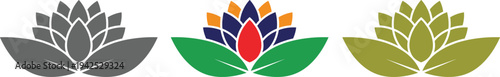 Set of lotus flower logo icons in different color variations including gray green red and orange isolated on white background,