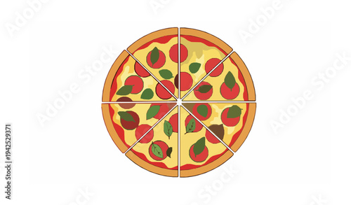 Whole sliced pepperoni pizza with fresh basil leaves vector illustration isolated on white background