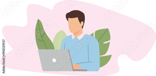 Minimalist vector graphic illustration of a focused man working diligently on a portable computer surrounded by tropical foliage design elements