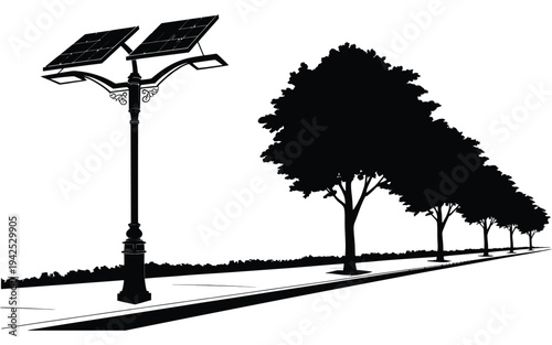 Modern solar powered street lamp with traditional lamp post and trees along a sidewalk illustration, sustainable urban lighting concept with clean city streetscape, renewable energy streetlight design