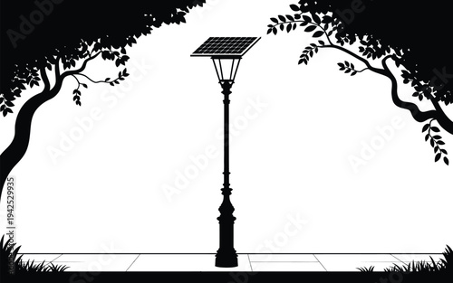 Modern solar powered street lamp with traditional lamp post and trees along a sidewalk illustration, sustainable urban lighting concept, clean city streetscape design with renewable energy element