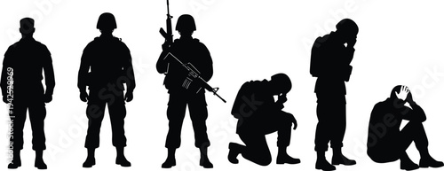 Set of Military Soldier Silhouettes Showing the Emotional Journey from Standing in Duty to Kneeling and Grieving Representing War Trauma Post Traumatic Stress and Loss
