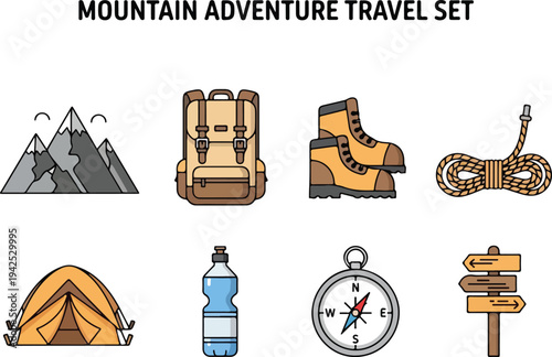 Mountain Adventure Travel Set Icons Representing Camping, Hiking, and Exploration Activities