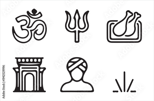 Collection of black line icons representing religious and cultural symbols