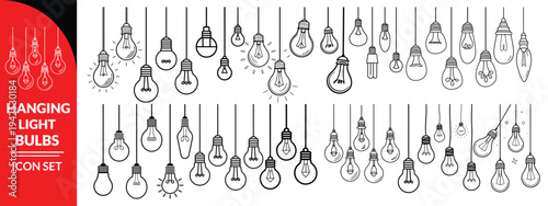 Hanging Light Bulbs Illustration Decorative Lighting Fixtures Black and White Vector Design Electric Lamp Idea Concept Creative