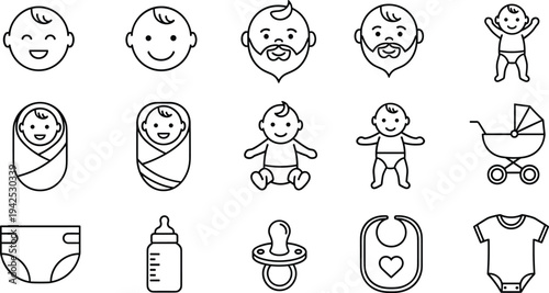Set of minimalist baby line icons including infant faces newborn swaddle stroller diaper bottle pacifier and bib for nursery app design