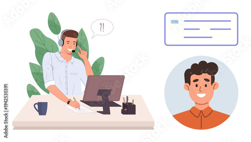 Customer support, communication, remote work, virtual assistance, online service, technology. Man wearing a headset at a desk talking to a client. Customer support and communication concept