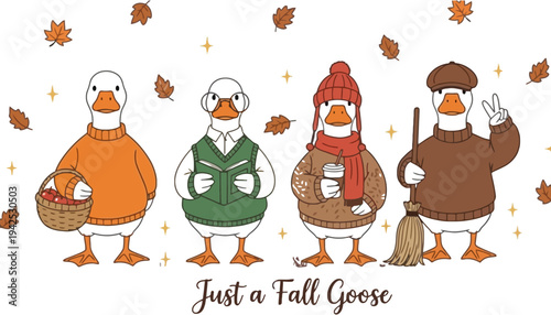 A group of geese wearing sweaters and standing in a fall scene