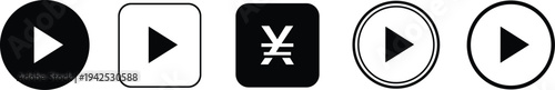 Set of minimalist black and white play button icons and yen currency symbol for multimedia interface, video player