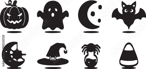 Set of 8 Black Halloween Icons Vector Collection Featuring Pumpkin, Ghost, Bat, Witch Hat, Moon, Spider Potion, and Candy Corn for Spooky Designs