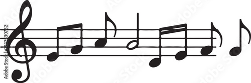 Black and white musical notes on a staff with a treble clef, forming a simple melody, ideal for music-related designs and educational content vector illustration