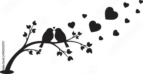 Romantic black silhouette vector illustration of two love birds perched on a tree branch with flying hearts, perfect for wedding invitations, Valentine's Day designs, or decorative wall decals.