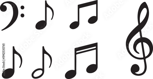 Set of 7 Black Music Notes and Clefs Vector Icons for Musical Compositions, Sound Design, and Entertainment Industry Graphics