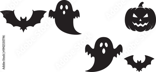 Set of 5 black Halloween vector icons featuring two bats, two ghosts, and one jack-o'-lantern pumpkin, ideal for spooky holiday designs and decorations