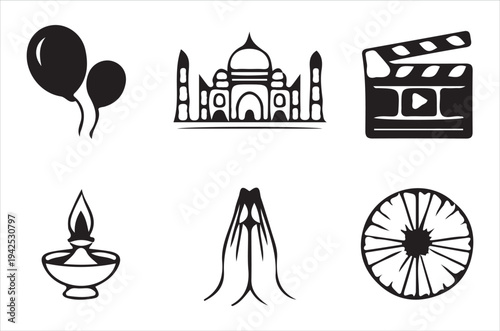 India themed icons balloons taj mahal film lamp mountains wheel