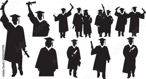 Graduation Silhouettes of Students in Caps and Gowns Celebrating