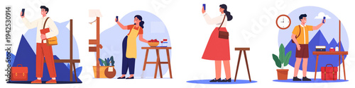 Flat Style Vector Illustration Collection of People Holding Smartphones and Taking Selfies, Representing Social Media Engagement, Online Identity and Digital Lifestyle