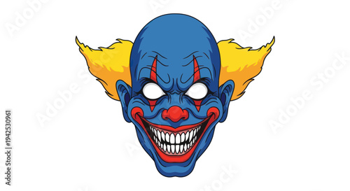 Scary Blue Clown Face with Glowing Eyes and Wide Grin, Horror Character