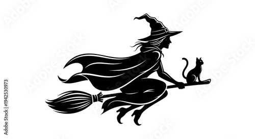 Silhouette of a witch flying on a broomstick with a black cat at night
