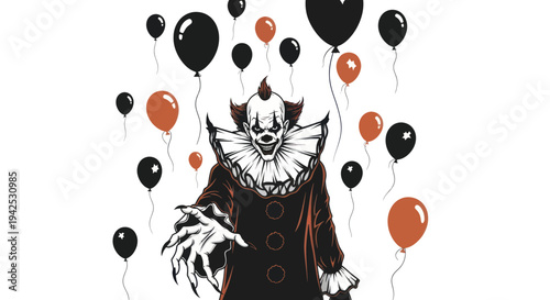 Scary Clown with Balloons, Horror Character, Halloween Concept