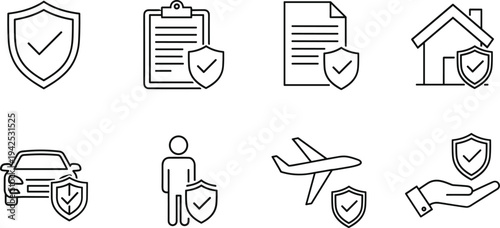 Set of minimalist insurance line icons including car, house, life, travel, and document protection with shield symbols on white background.