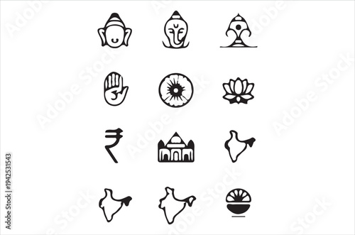 Collection of black line art icons representing indian culture and symbols