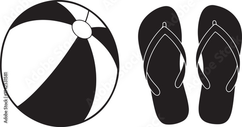 Black and white beach ball and flip flops illustration