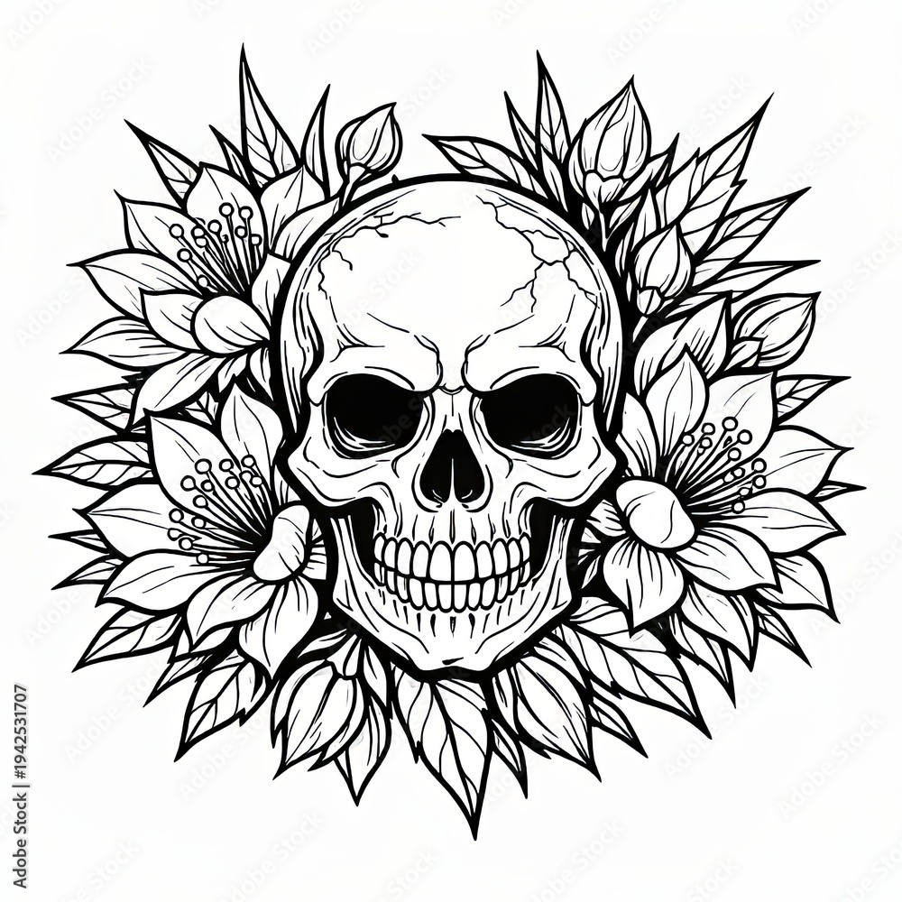 Obraz premium Intricate black and white illustration of a human skull framed by blooming flowers and leaves, blending dark gothic style with delicate botanical detail for tattoos or posters.