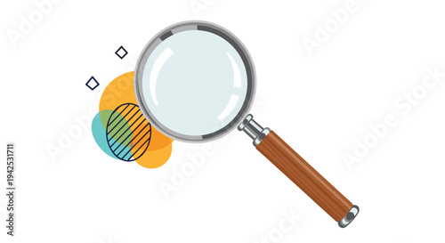 Classic magnifying glass with a wooden handle over abstract colorful shapes isolated on a white background in a flat design style.