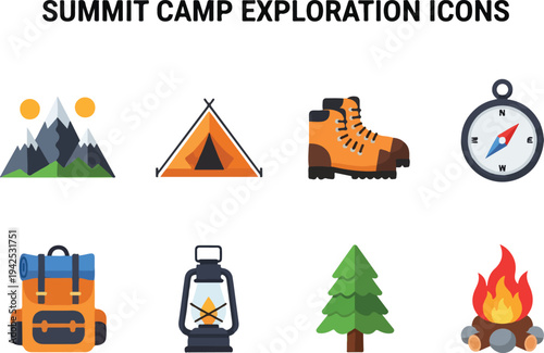 Camping and Hiking Exploration Icons Set Mountains, Tent, Boots, Compass, Backpack, Lantern, Tree, and Campfire