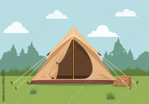 Illustration of a large canvas tent set up in a grassy field with trees and clouds in the background
