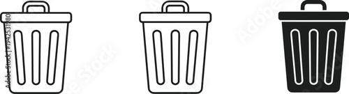 Set of minimalist trash can icons in black and white styles representing garbage, recycling, waste management, and delete file symbols.