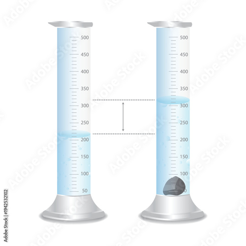 Water Displacement Method in Graduated Cylinder Measuring Volume of an Irregular Solid Object Scientific Experiment Illustration.