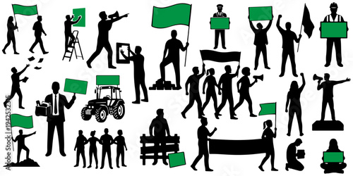 Set of protest and activism silhouettes, including demonstrators with flags, placards, megaphones, farmer tractor, strike rally, and social justice activists isolated