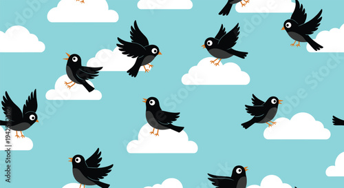 Cute seamless pattern of small black birds flying among fluffy white clouds against a light blue sky in a simple cartoon style illustration.