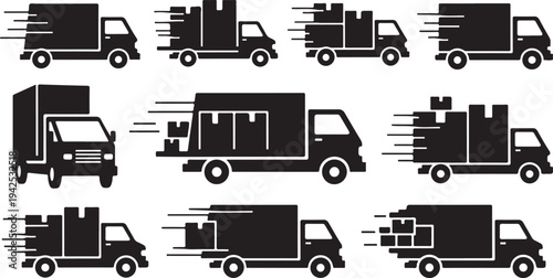 Delivery Trucks Transporting Goods in Motion Silhouette Illustration