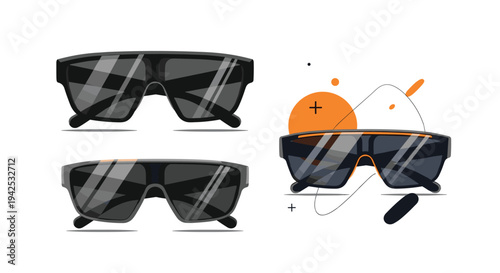 Trendy set of modern black sunglasses in different views and styles over abstract orange shapes isolated on a white background illustration.