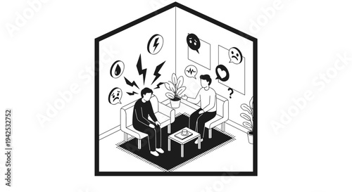 Isometric illustration depicting a person experiencing mental distress during a therapy session with a supportive professional, highlighting anxiety and emotional challenges.