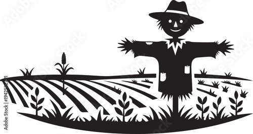 Scarecrow standing in a field with crops growing around
