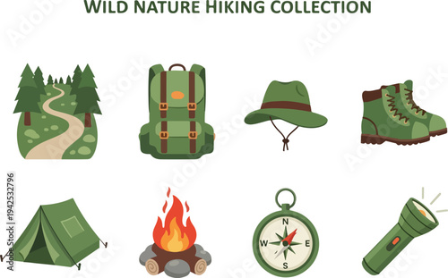 Wild nature hiking collection of outdoor gear and supplies for adventure