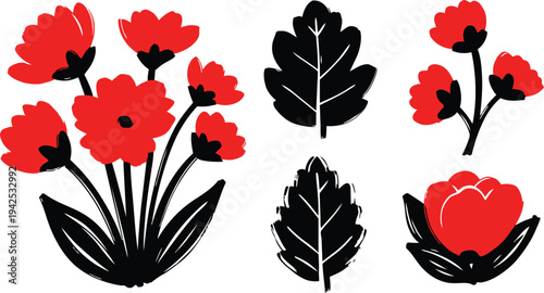 Stylized red flower silhouette with black stems and leaves, bold contrast design, artistic floral art