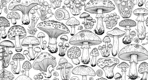 Intricate black and white seamless pattern of various wild mushrooms and snails illustrated in a classic engraving style on white background.