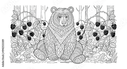 A detailed illustration of a bear amongst blackberry bushes and foliage