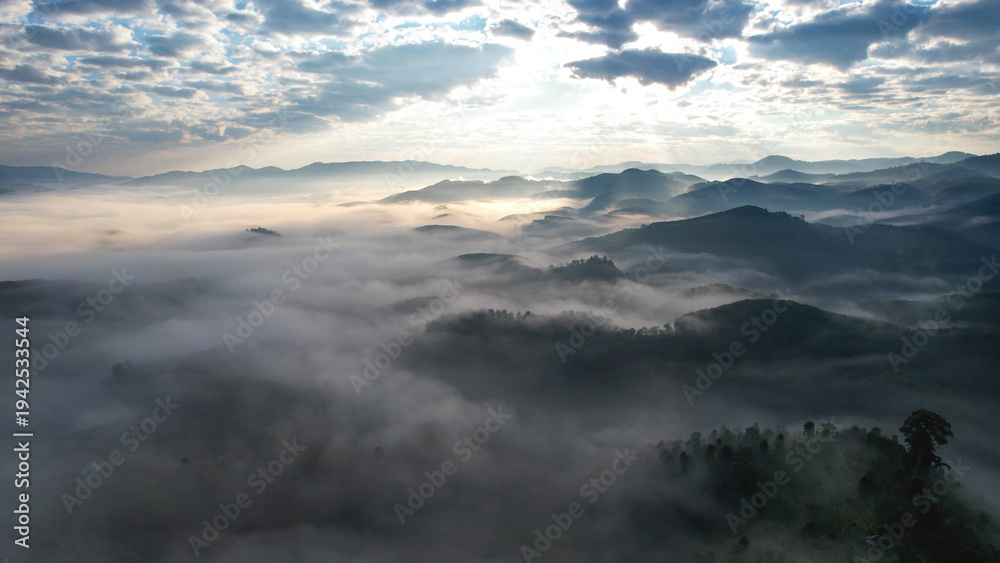 Fototapeta premium Aerial view of mountains and forest with the sea of fog before sunrise by drone