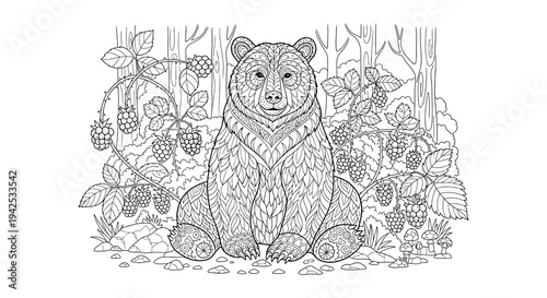 A detailed illustration of a bear amongst blackberry bushes and foliage