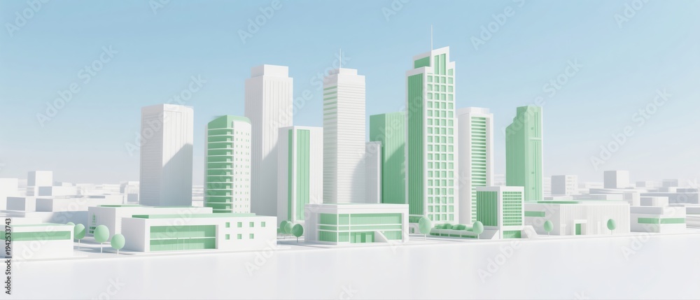 Fototapeta premium Modern cityscape with high-rise buildings and green architectural elements under a clear sky