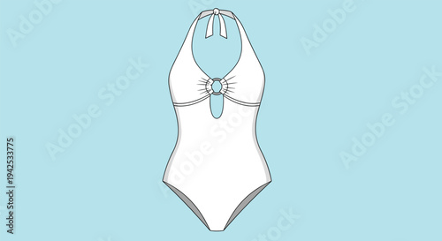 Clean technical drawing of a white one piece halter neck swimsuit with a decorative ring detail isolated on a light blue background.