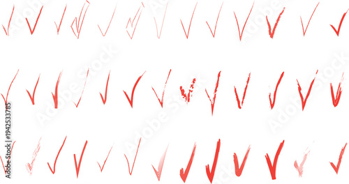 collection of hand-drawn red check marks or tick symbols. 
