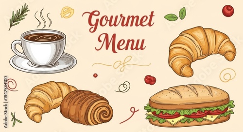 Cuadro en lienzo Gourmet Breakfast Menu with Croissants and Coffee.